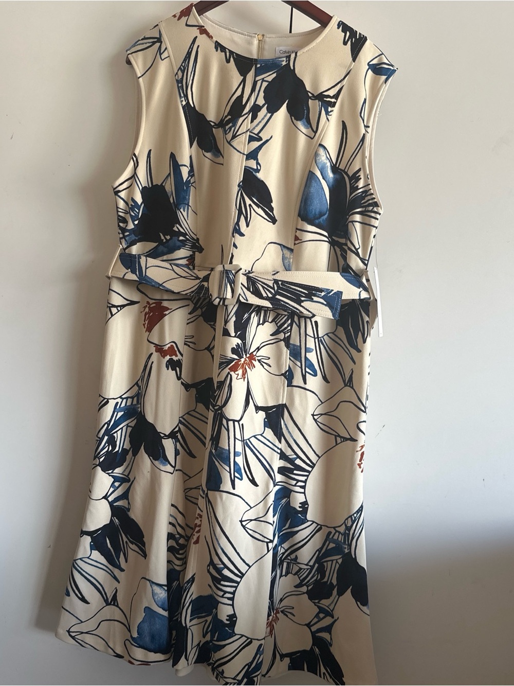Calvin Klein Cream Midi Dress with Navy and Blue Floral Print